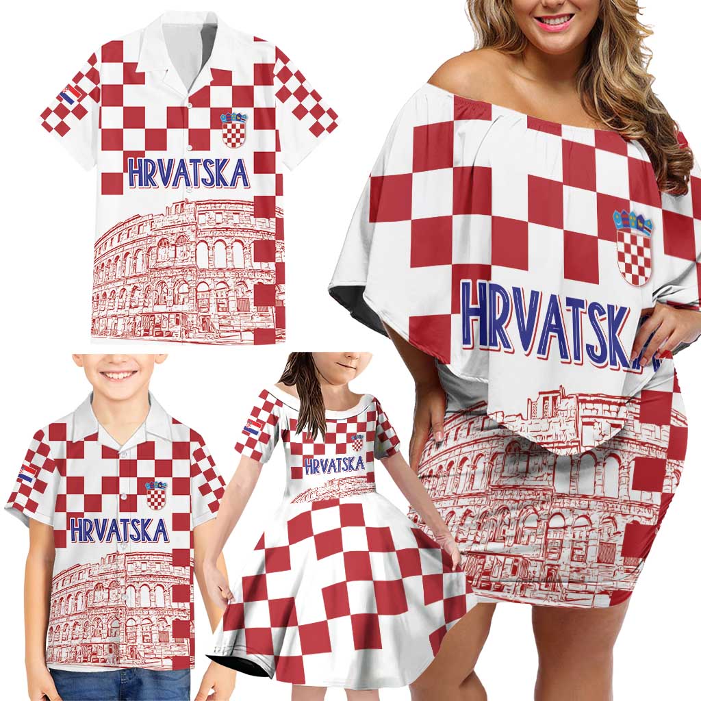 Croatia Football 2025 Custom Family Matching Off Shoulder Short Dress and Hawaiian Shirt White Hrvatska Kockasti - Pula Arena