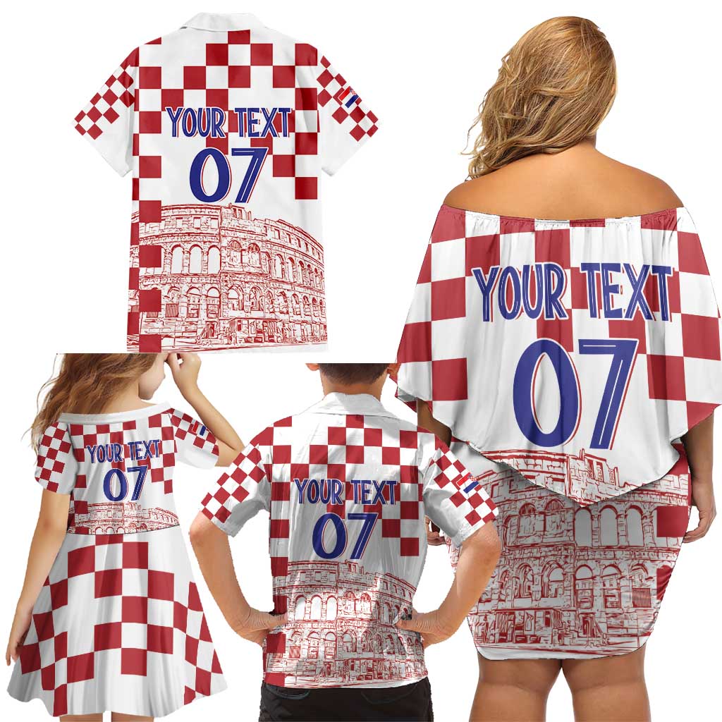 Croatia Football 2025 Custom Family Matching Off Shoulder Short Dress and Hawaiian Shirt White Hrvatska Kockasti - Pula Arena