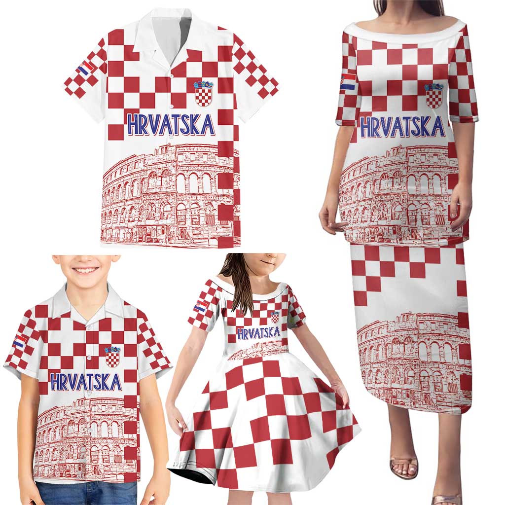 Croatia Football 2025 Custom Family Matching Puletasi and Hawaiian Shirt White Hrvatska Kockasti - Pula Arena