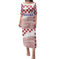 Croatia Football 2025 Custom Family Matching Puletasi and Hawaiian Shirt White Hrvatska Kockasti - Pula Arena