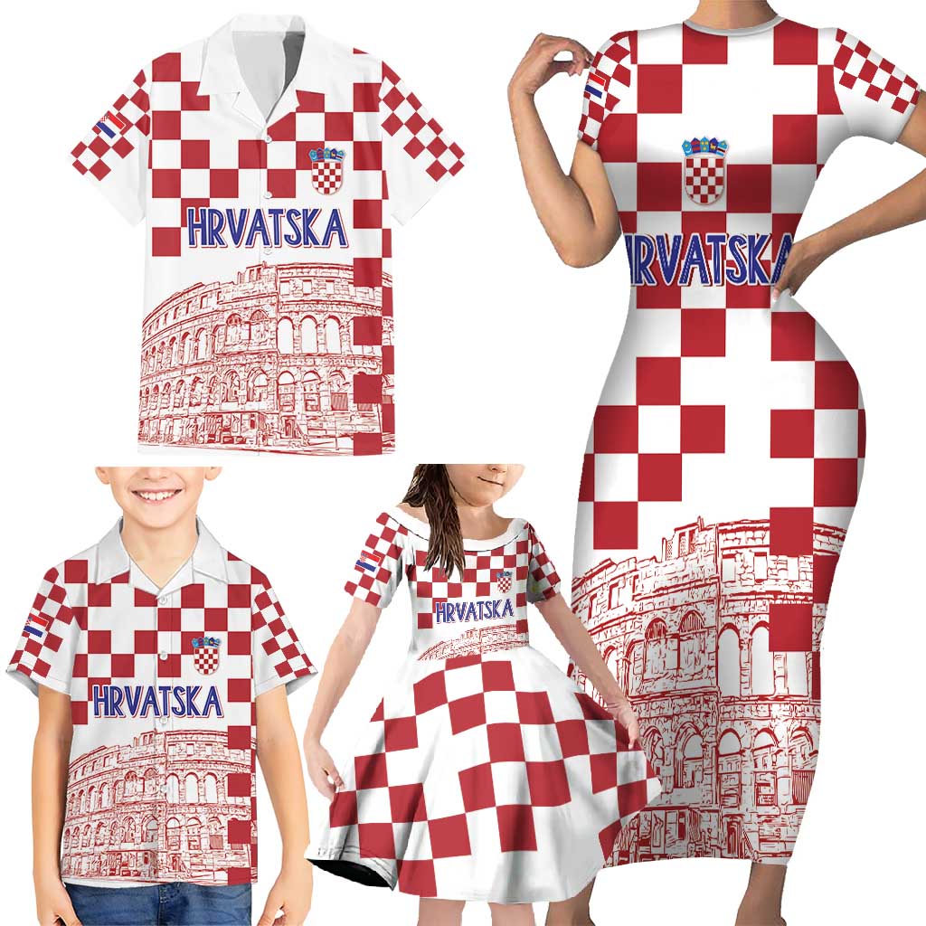 Croatia Football 2025 Custom Family Matching Short Sleeve Bodycon Dress and Hawaiian Shirt White Hrvatska Kockasti - Pula Arena
