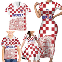 Croatia Football 2025 Custom Family Matching Short Sleeve Bodycon Dress and Hawaiian Shirt White Hrvatska Kockasti - Pula Arena