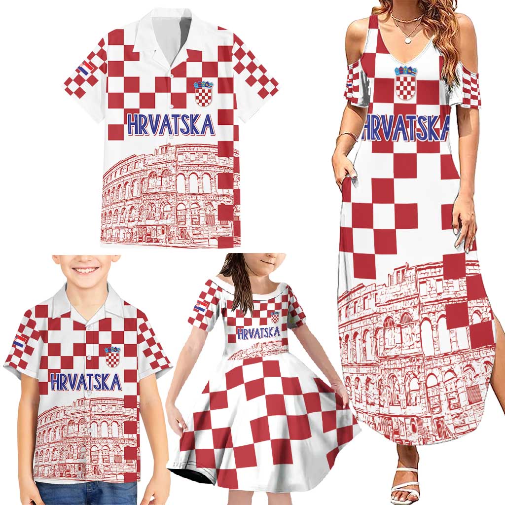 Croatia Football 2025 Custom Family Matching Summer Maxi Dress and Hawaiian Shirt White Hrvatska Kockasti - Pula Arena