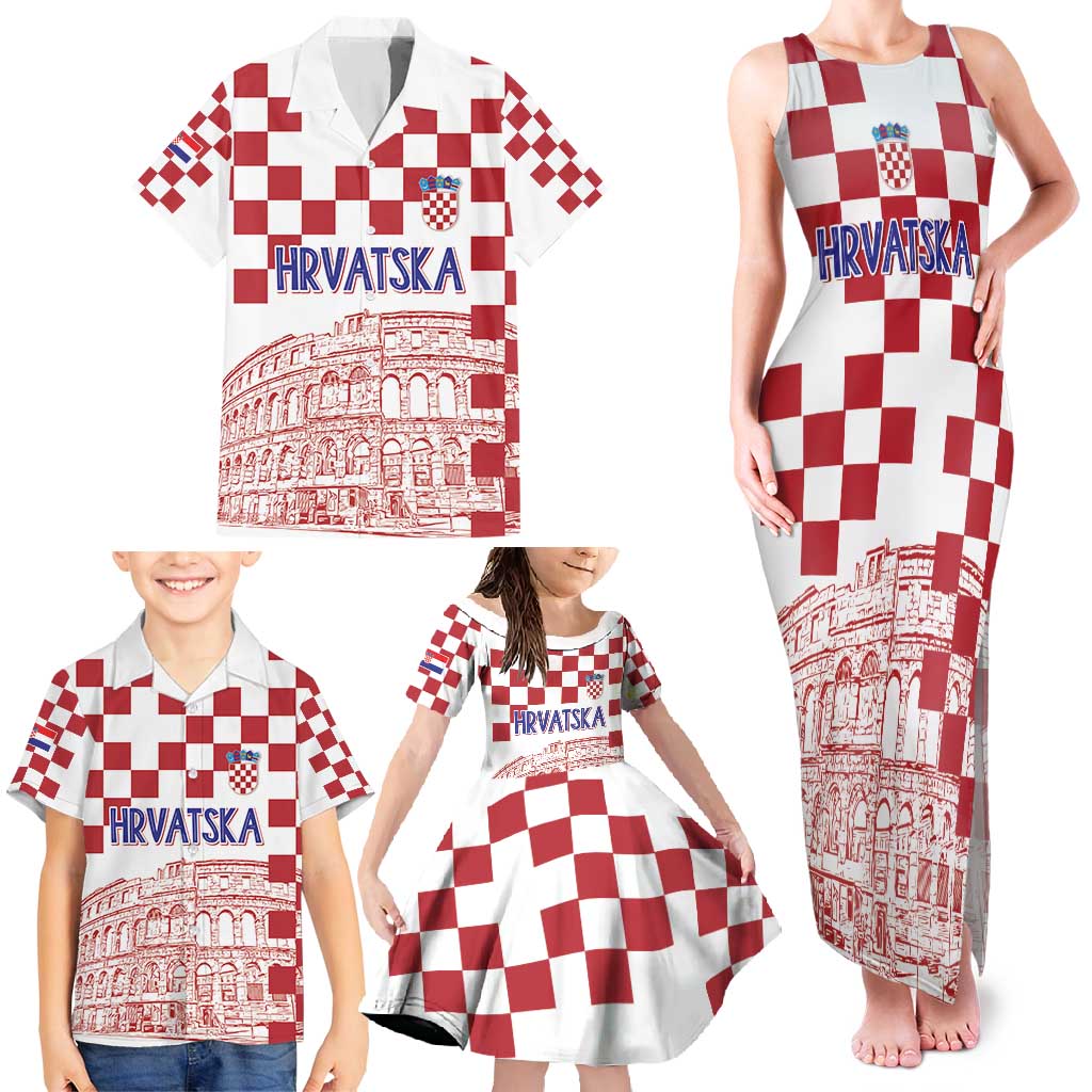 Croatia Football 2025 Custom Family Matching Tank Maxi Dress and Hawaiian Shirt White Hrvatska Kockasti - Pula Arena
