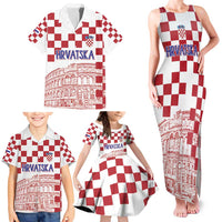 Croatia Football 2025 Custom Family Matching Tank Maxi Dress and Hawaiian Shirt White Hrvatska Kockasti - Pula Arena