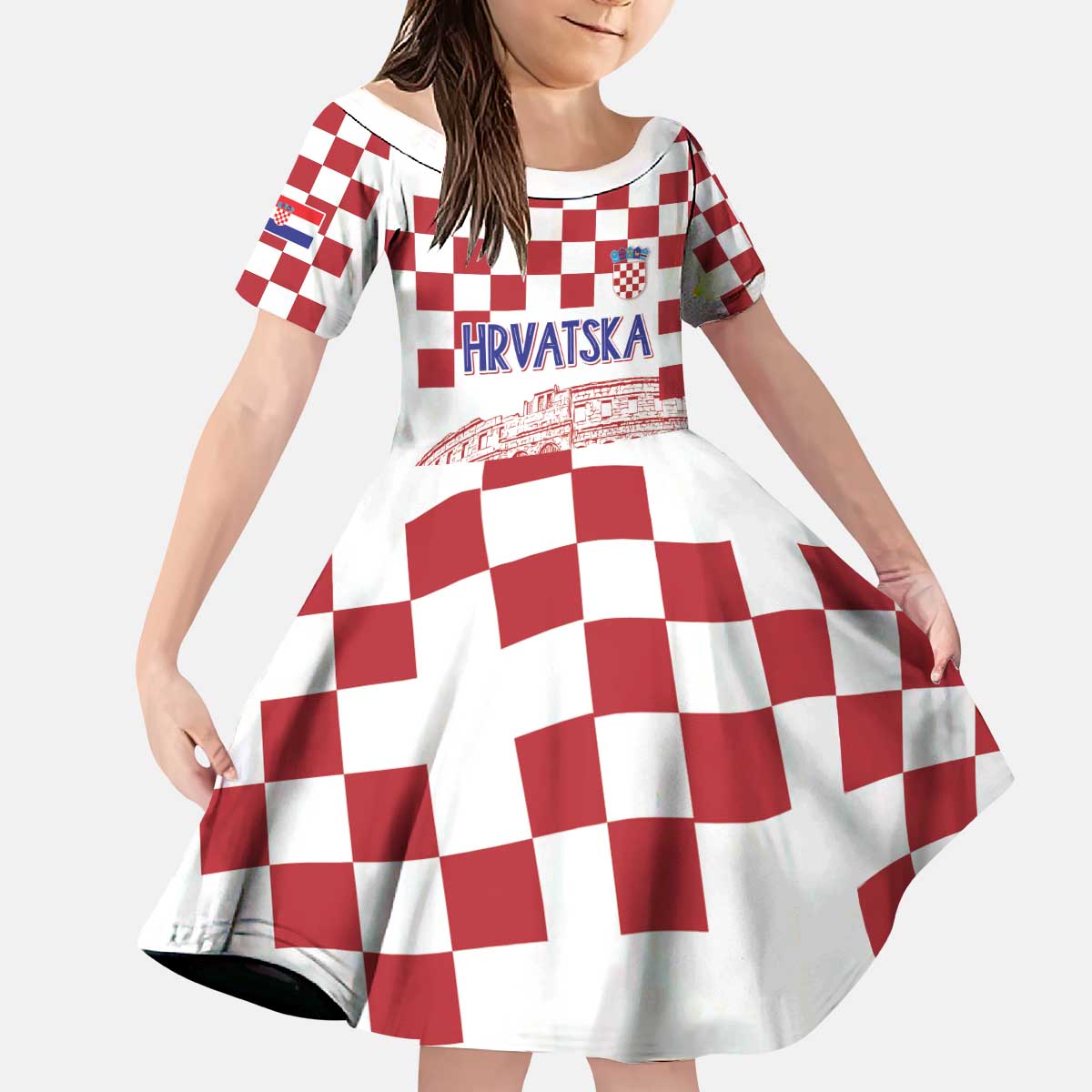 Croatia Football 2025 Custom Kid Short Sleeve Dress White Hrvatska Kockasti - Pula Arena