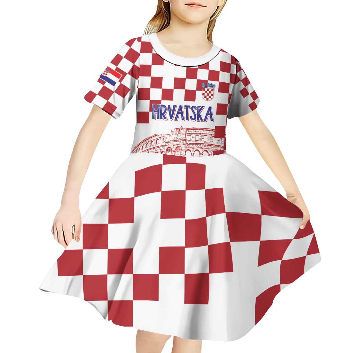 Croatia Football 2025 Custom Kid Short Sleeve Dress White Hrvatska Kockasti - Pula Arena