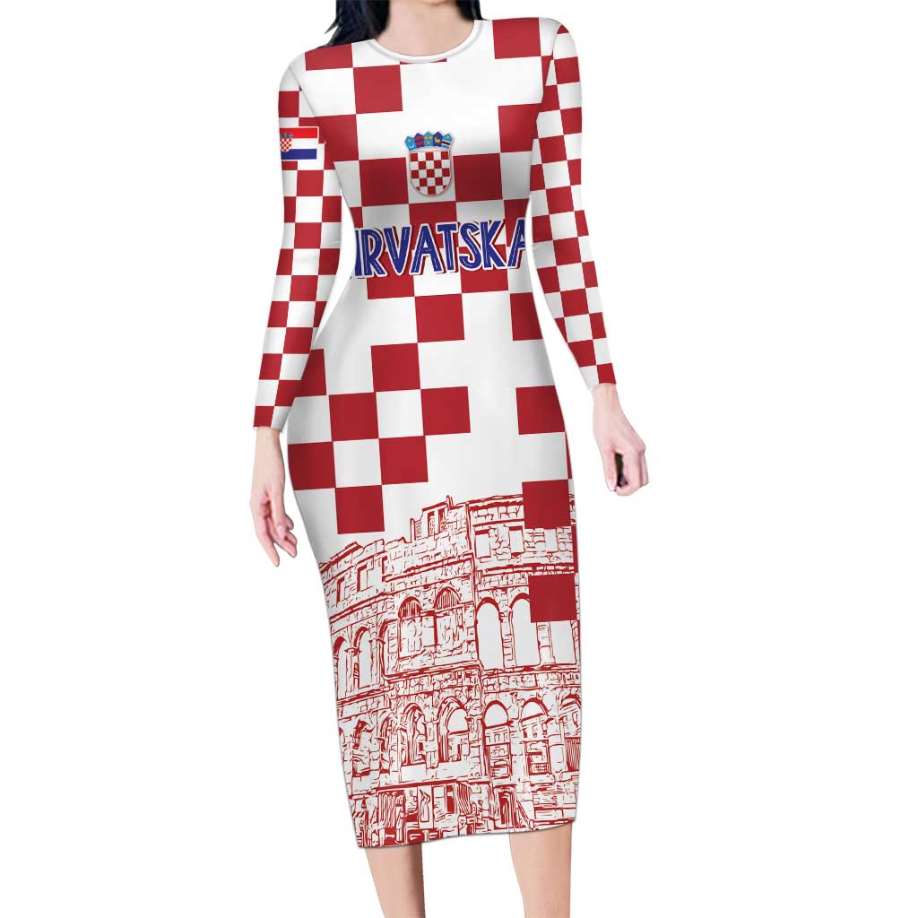 Croatia Football 2025 Custom Long Sleeve Bodycon Dress White Hrvatska Kockasti - Pula Arena