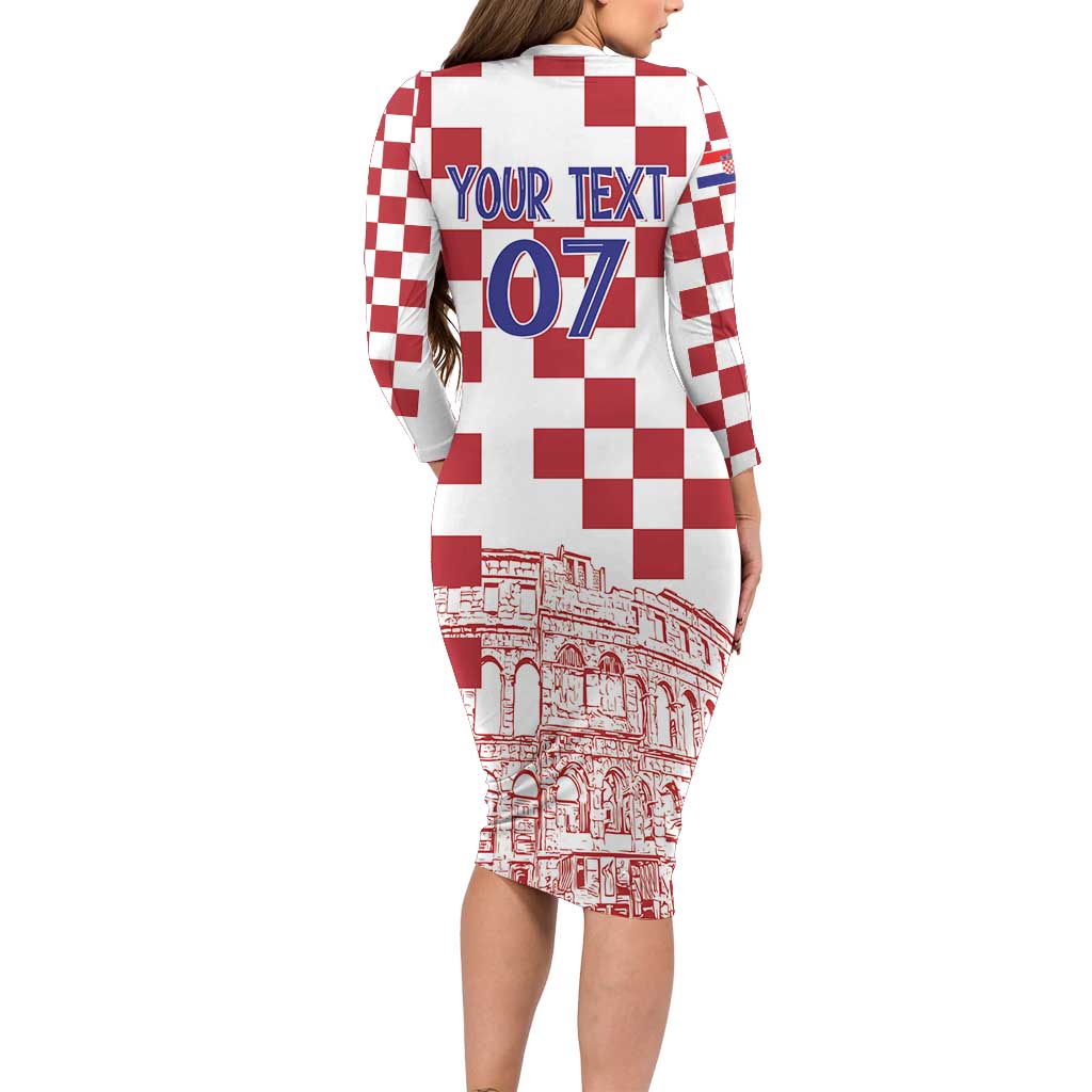 Croatia Football 2025 Custom Long Sleeve Bodycon Dress White Hrvatska Kockasti - Pula Arena