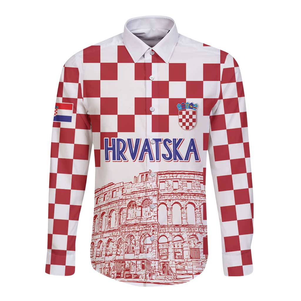 Croatia Football 2025 Custom Long Sleeve Button Shirt White Hrvatska Kockasti - Pula Arena