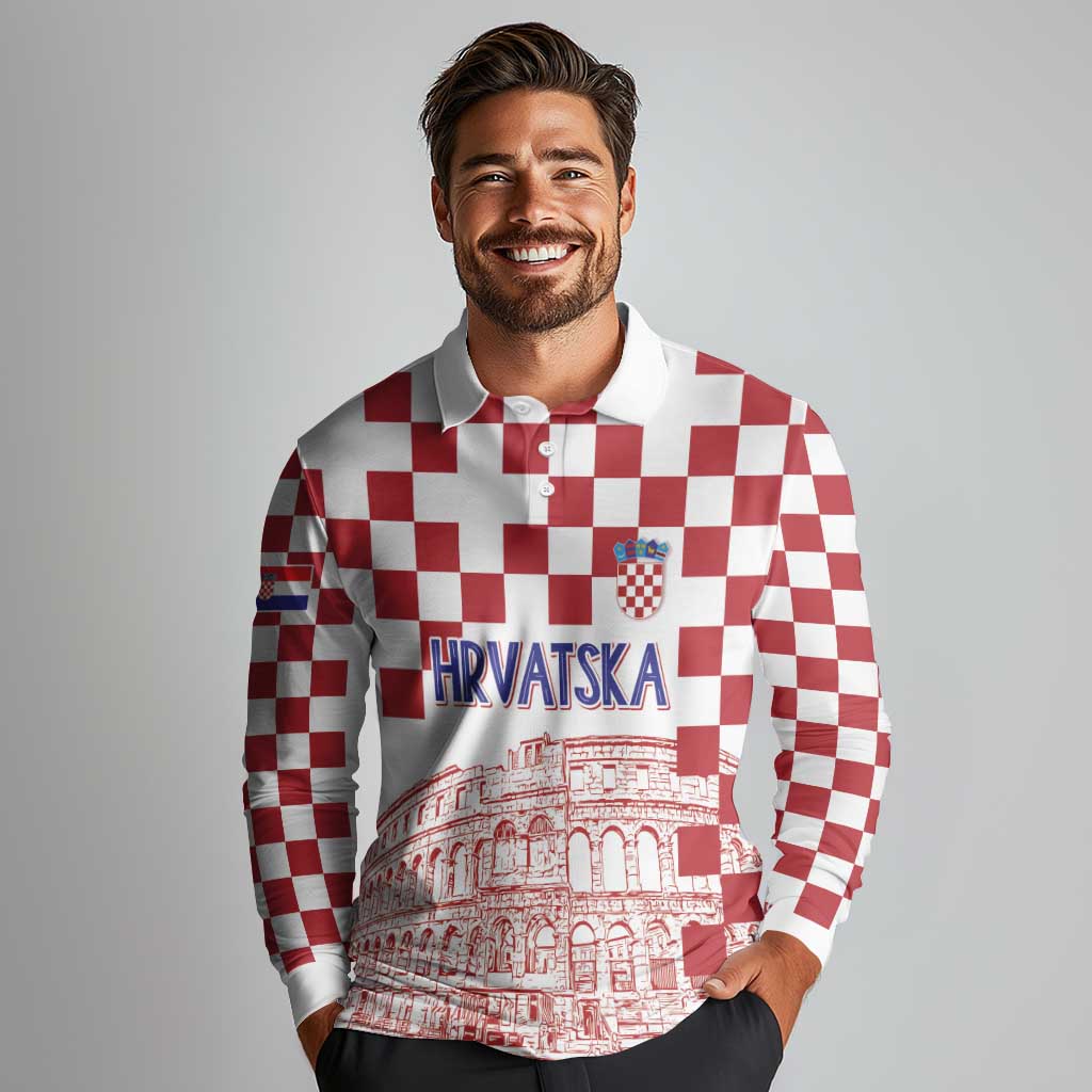 Croatia Football 2025 Custom Long Sleeve Polo Shirt White Hrvatska Kockasti - Pula Arena