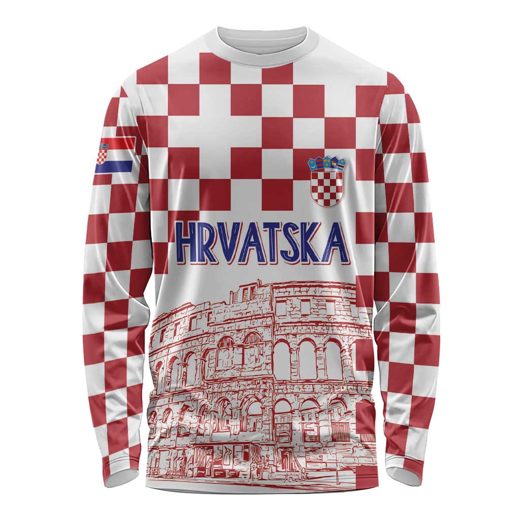 Croatia Football 2025 Custom Long Sleeve Shirt White Hrvatska Kockasti - Pula Arena
