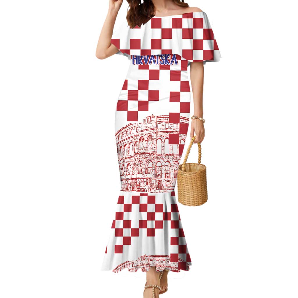 Croatia Football 2025 Custom Mermaid Dress White Hrvatska Kockasti - Pula Arena