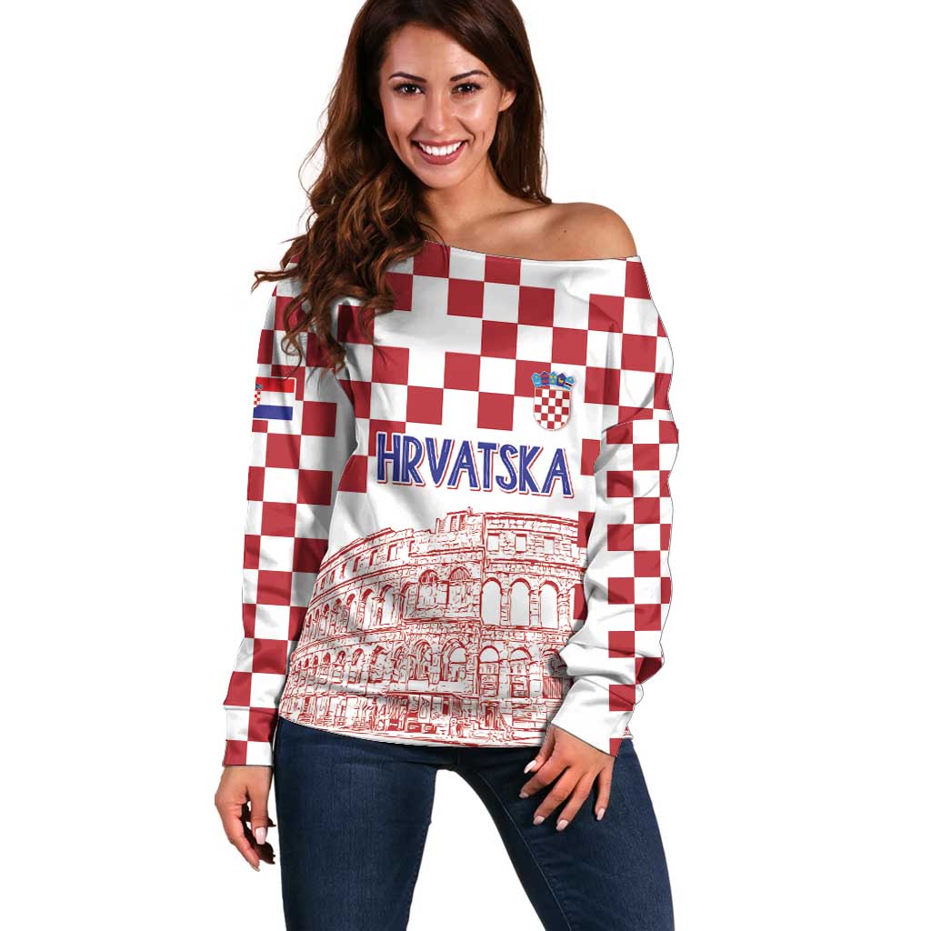Croatia Football 2025 Custom Off Shoulder Sweater White Hrvatska Kockasti - Pula Arena