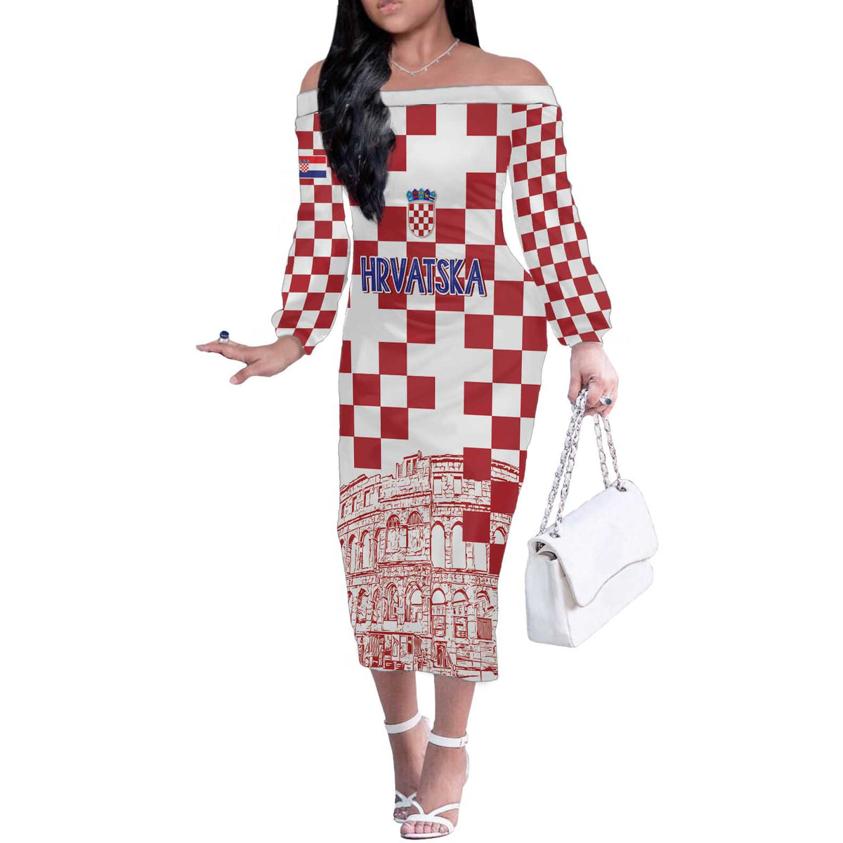 Croatia Football 2025 Custom Off The Shoulder Long Sleeve Dress White Hrvatska Kockasti - Pula Arena