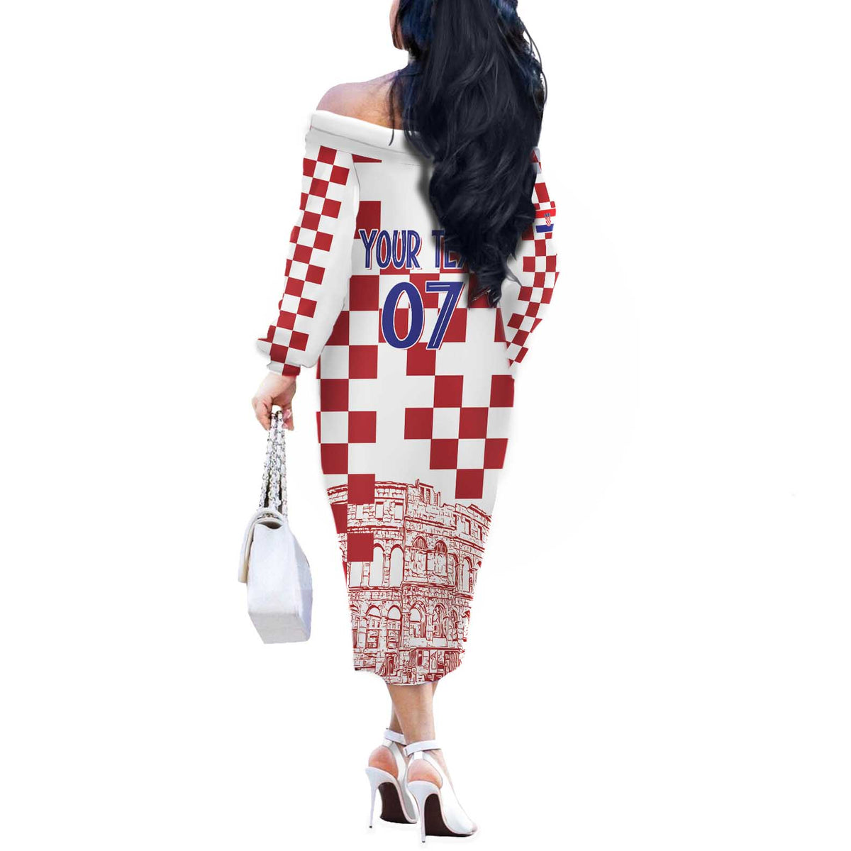Croatia Football 2025 Custom Off The Shoulder Long Sleeve Dress White Hrvatska Kockasti - Pula Arena