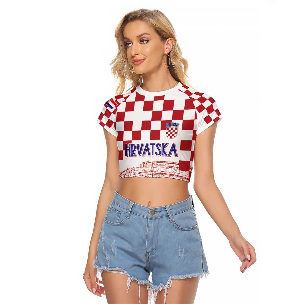 Croatia Football 2025 Custom Raglan Cropped T Shirt White Hrvatska Kockasti - Pula Arena