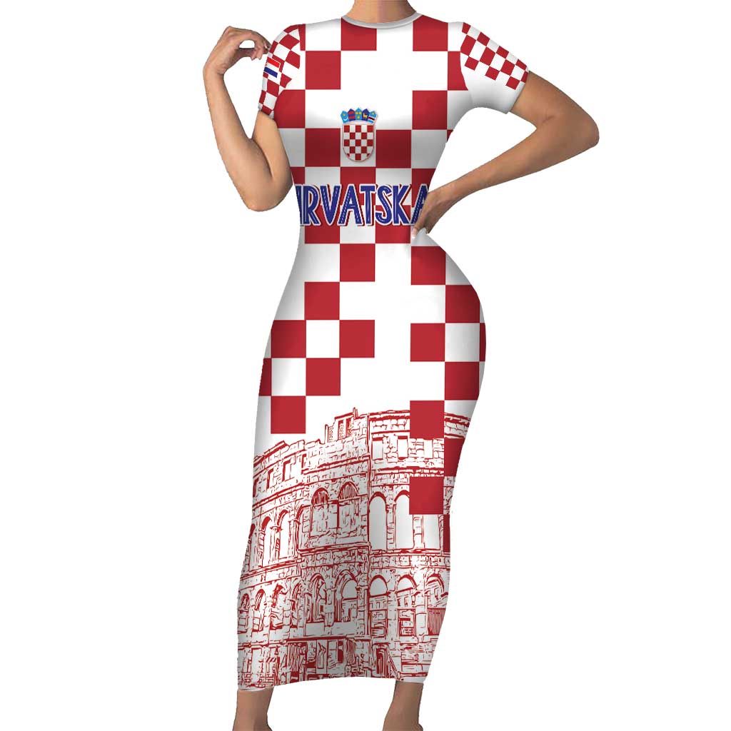 Croatia Football 2025 Custom Short Sleeve Bodycon Dress White Hrvatska Kockasti - Pula Arena