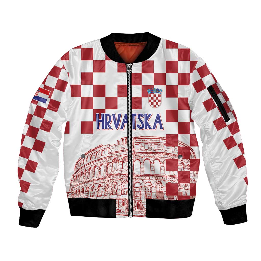 Croatia Football 2025 Custom Sleeve Zip Bomber Jacket White Hrvatska Kockasti - Pula Arena