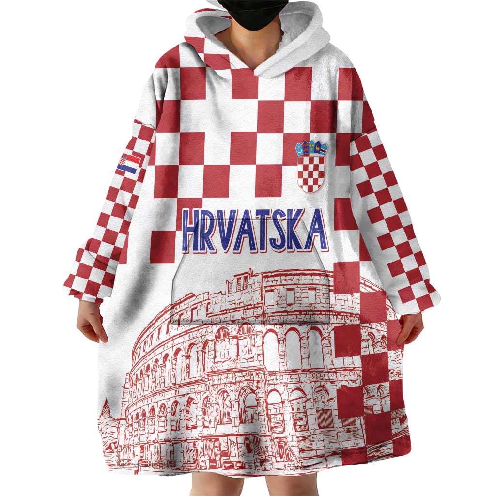 Croatia Football 2025 Custom Wearable Blanket Hoodie White Hrvatska Kockasti - Pula Arena