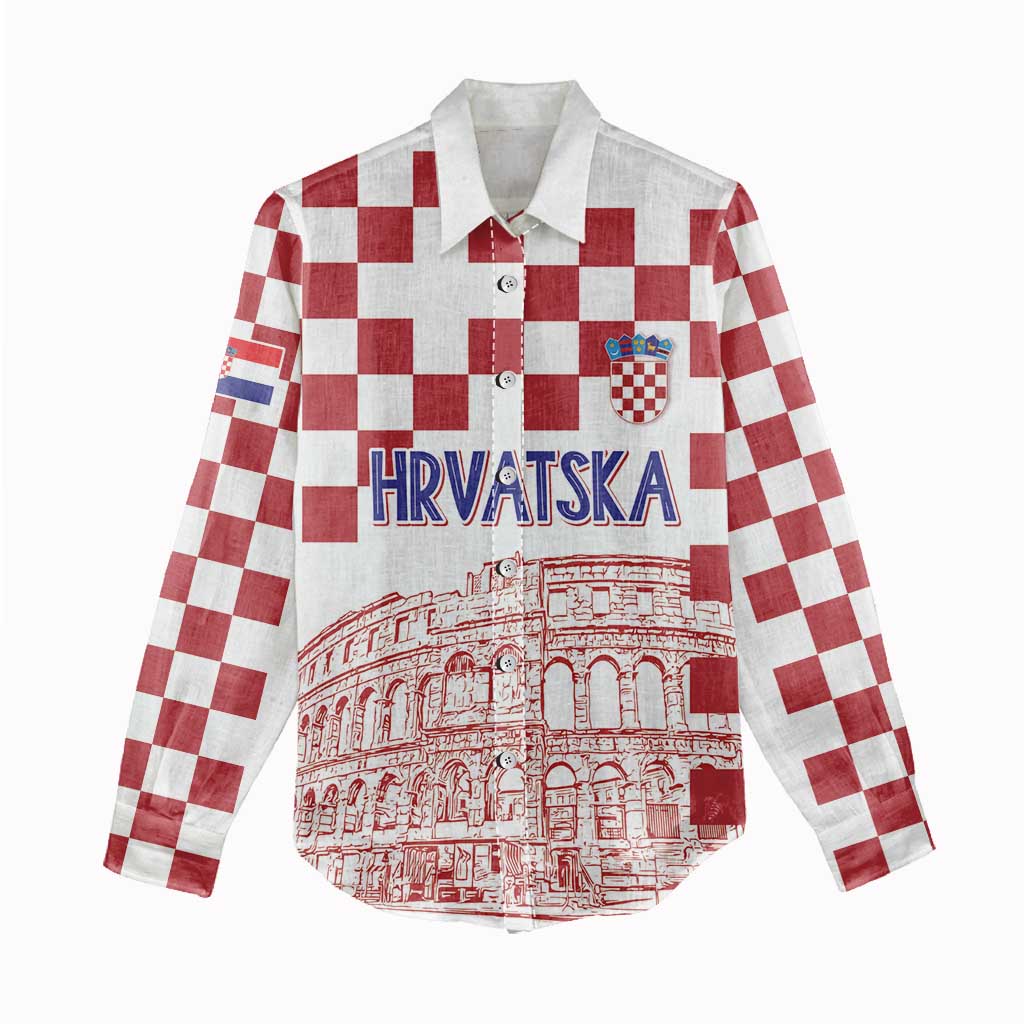 Croatia Football 2025 Custom Women Casual Shirt White Hrvatska Kockasti - Pula Arena