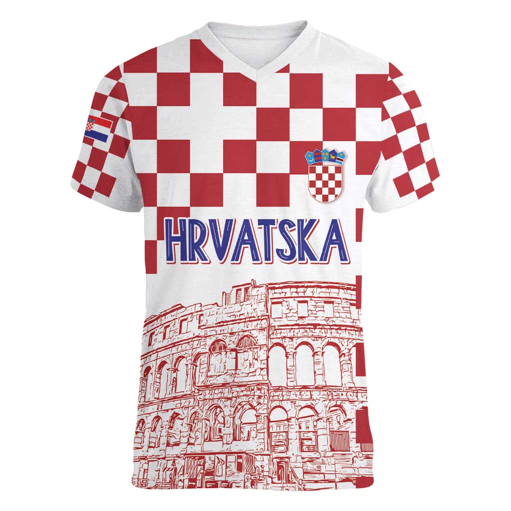 Croatia Football 2025 Custom Women V-Neck T-Shirt White Hrvatska Kockasti - Pula Arena