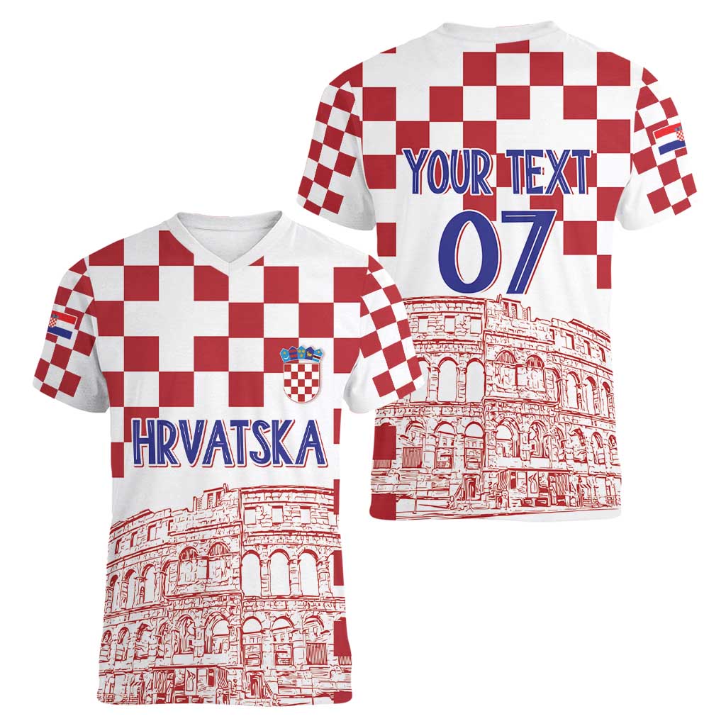 Croatia Football 2025 Custom Women V-Neck T-Shirt White Hrvatska Kockasti - Pula Arena