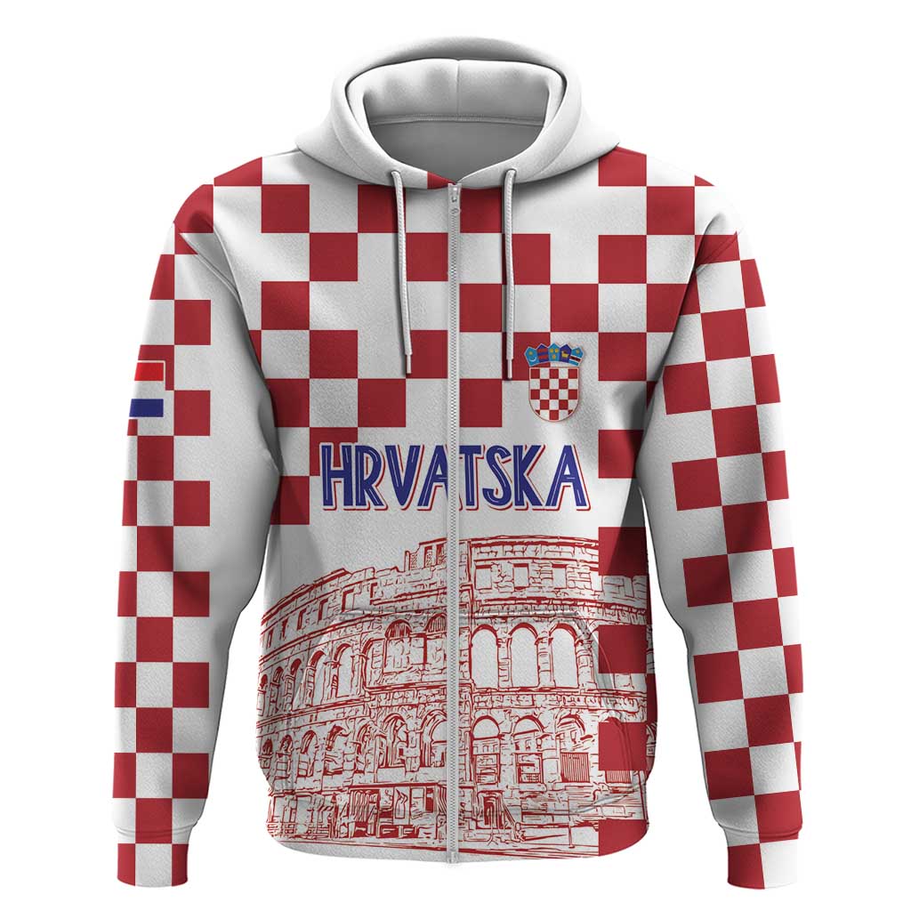 Croatia Football 2025 Custom Zip Hoodie White Hrvatska Kockasti - Pula Arena