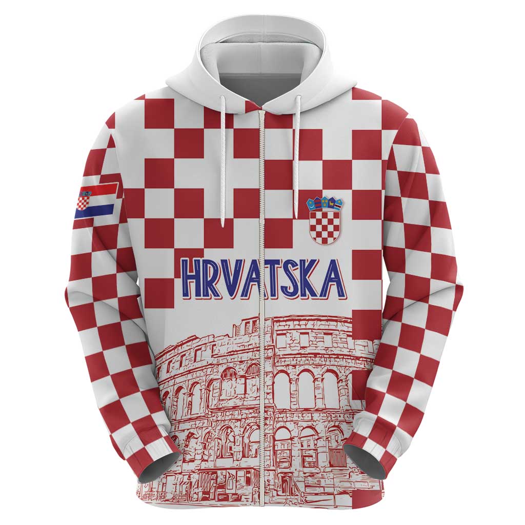 Croatia Football 2025 Custom Zip Hoodie White Hrvatska Kockasti - Pula Arena