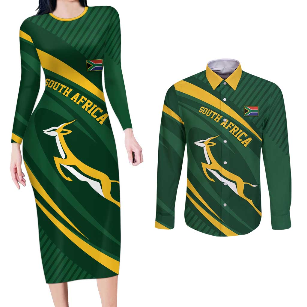 Personalized South Africa Rugby Bokke Couples Matching Long Sleeve Bodycon Dress and Long Sleeve Button Shirt Minimalism Style