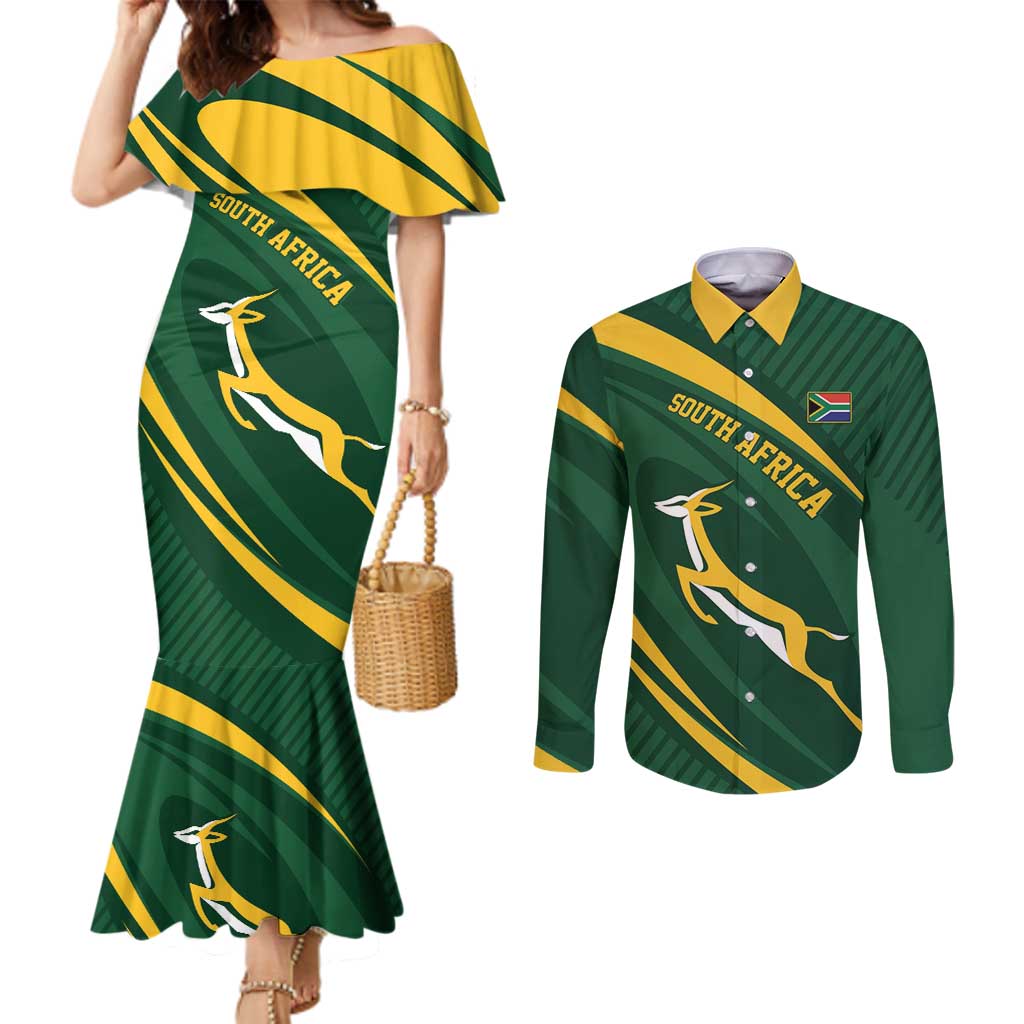 Personalized South Africa Rugby Bokke Couples Matching Mermaid Dress and Long Sleeve Button Shirt Minimalism Style