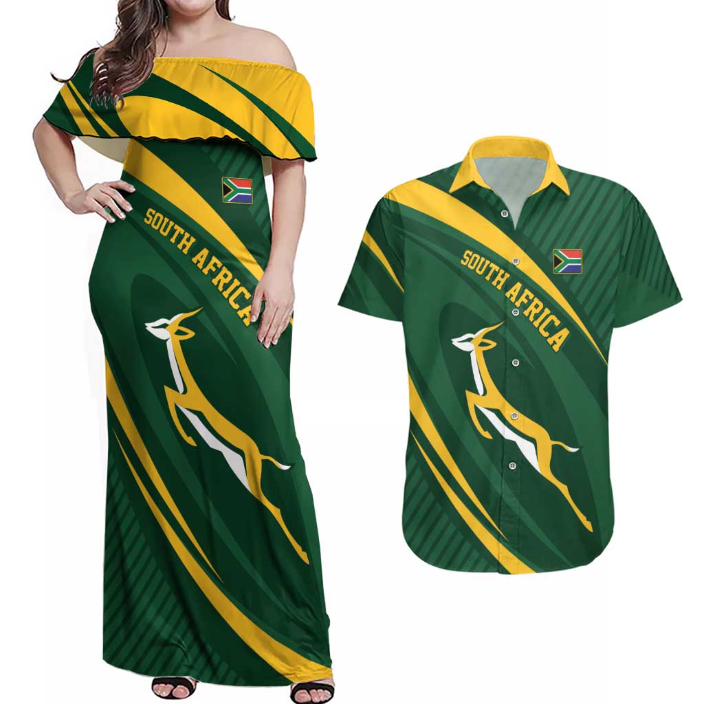 Personalized South Africa Rugby Bokke Couples Matching Off Shoulder Maxi Dress and Hawaiian Shirt Minimalism Style
