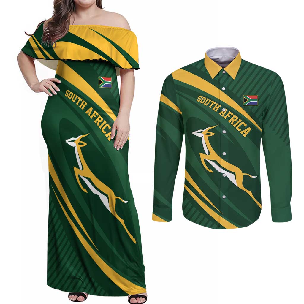 Personalized South Africa Rugby Bokke Couples Matching Off Shoulder Maxi Dress and Long Sleeve Button Shirt Minimalism Style