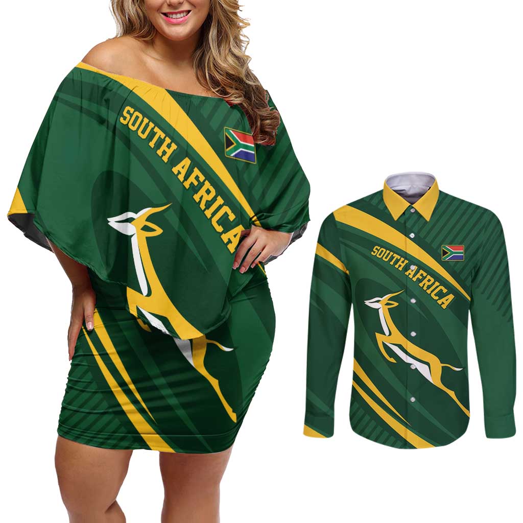Personalized South Africa Rugby Bokke Couples Matching Off Shoulder Short Dress and Long Sleeve Button Shirt Minimalism Style