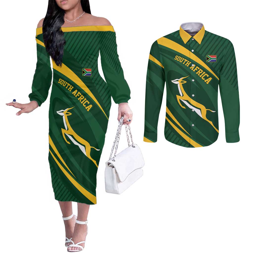 Personalized South Africa Rugby Bokke Couples Matching Off The Shoulder Long Sleeve Dress and Long Sleeve Button Shirt Minimalism Style