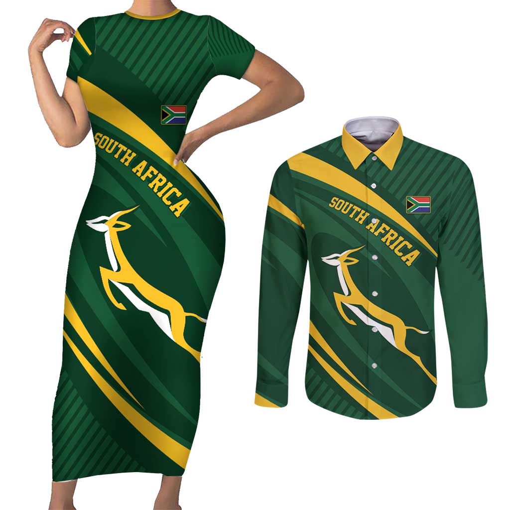 Personalized South Africa Rugby Bokke Couples Matching Short Sleeve Bodycon Dress and Long Sleeve Button Shirt Minimalism Style