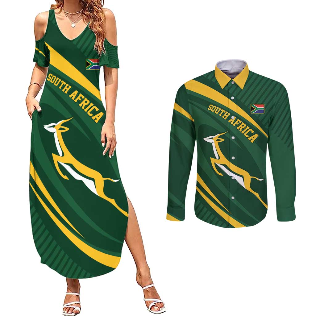 Personalized South Africa Rugby Bokke Couples Matching Summer Maxi Dress and Long Sleeve Button Shirt Minimalism Style