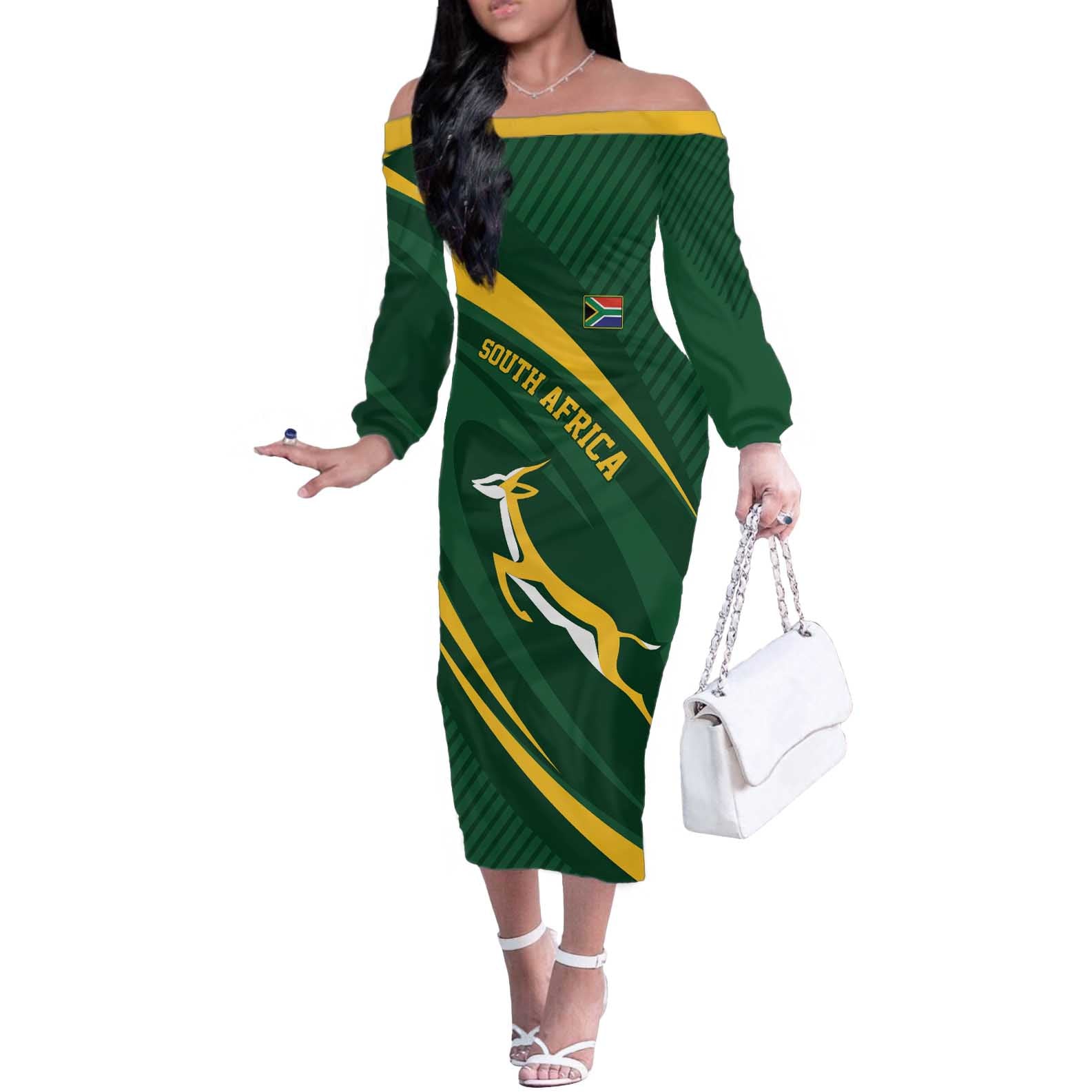 Personalized South Africa Rugby Bokke Off The Shoulder Long Sleeve Dress Minimalism Style