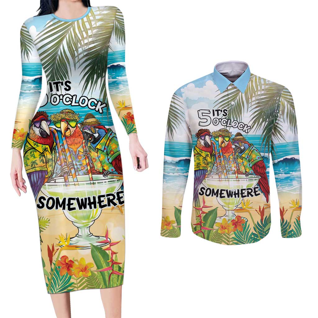 It's 5 o'clock Somewhere Couples Matching Long Sleeve Bodycon Dress and Long Sleeve Button Shirt Beach Party - Wonder Print Shop