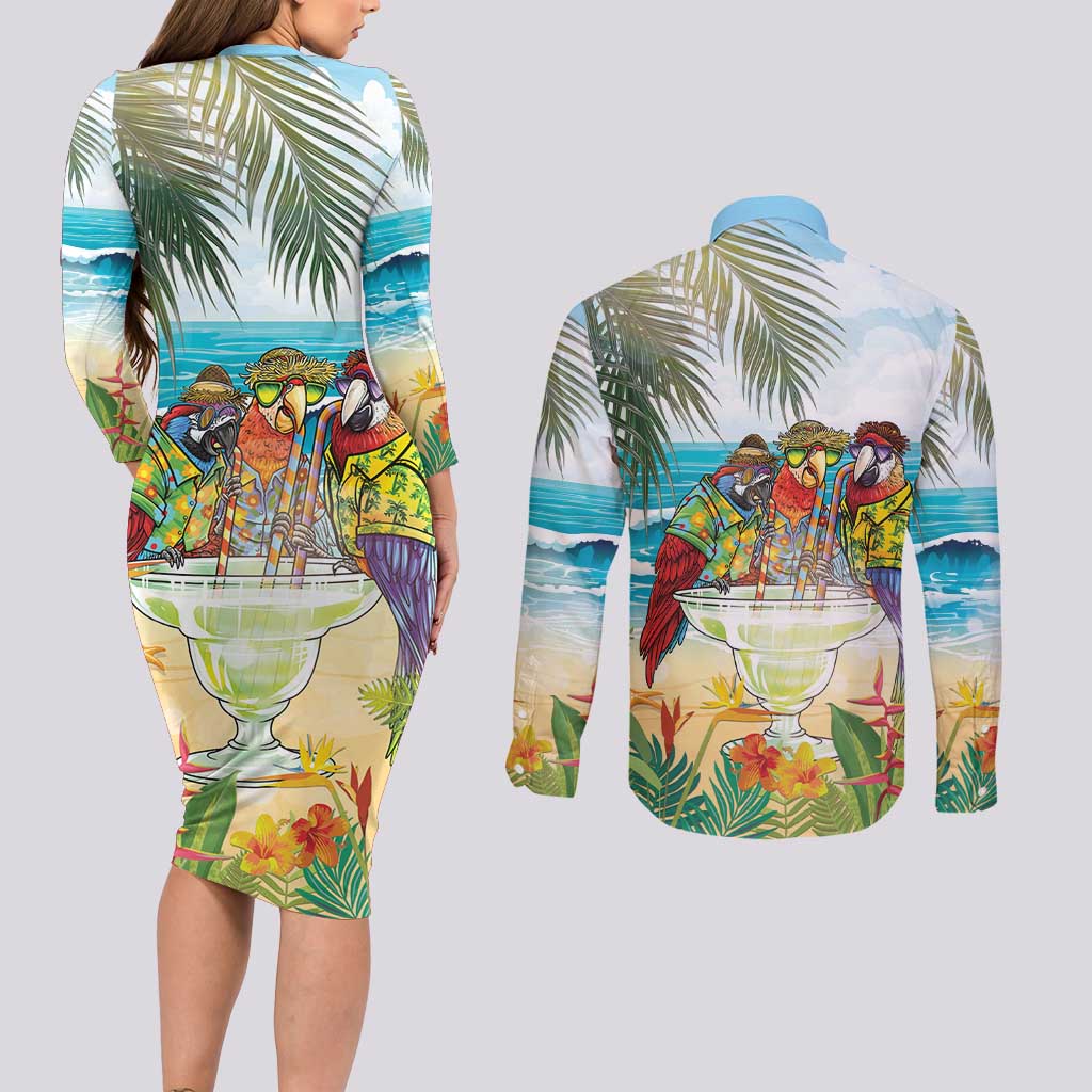 It's 5 o'clock Somewhere Couples Matching Long Sleeve Bodycon Dress and Long Sleeve Button Shirt Beach Party - Wonder Print Shop