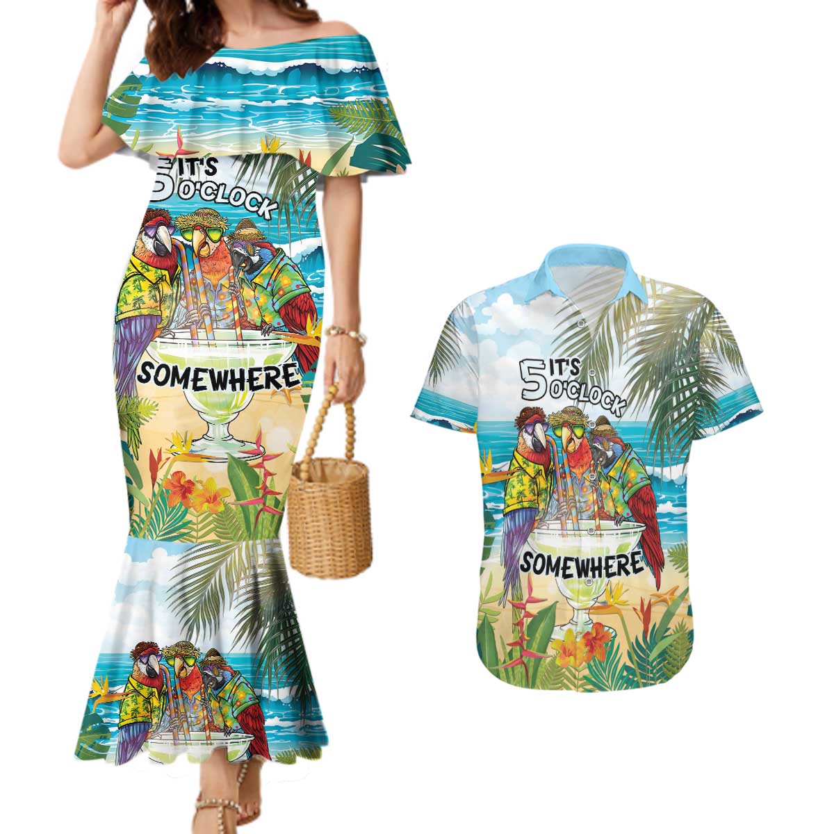 It's 5 o'clock Somewhere Couples Matching Mermaid Dress and Hawaiian Shirt Beach Party - Wonder Print Shop