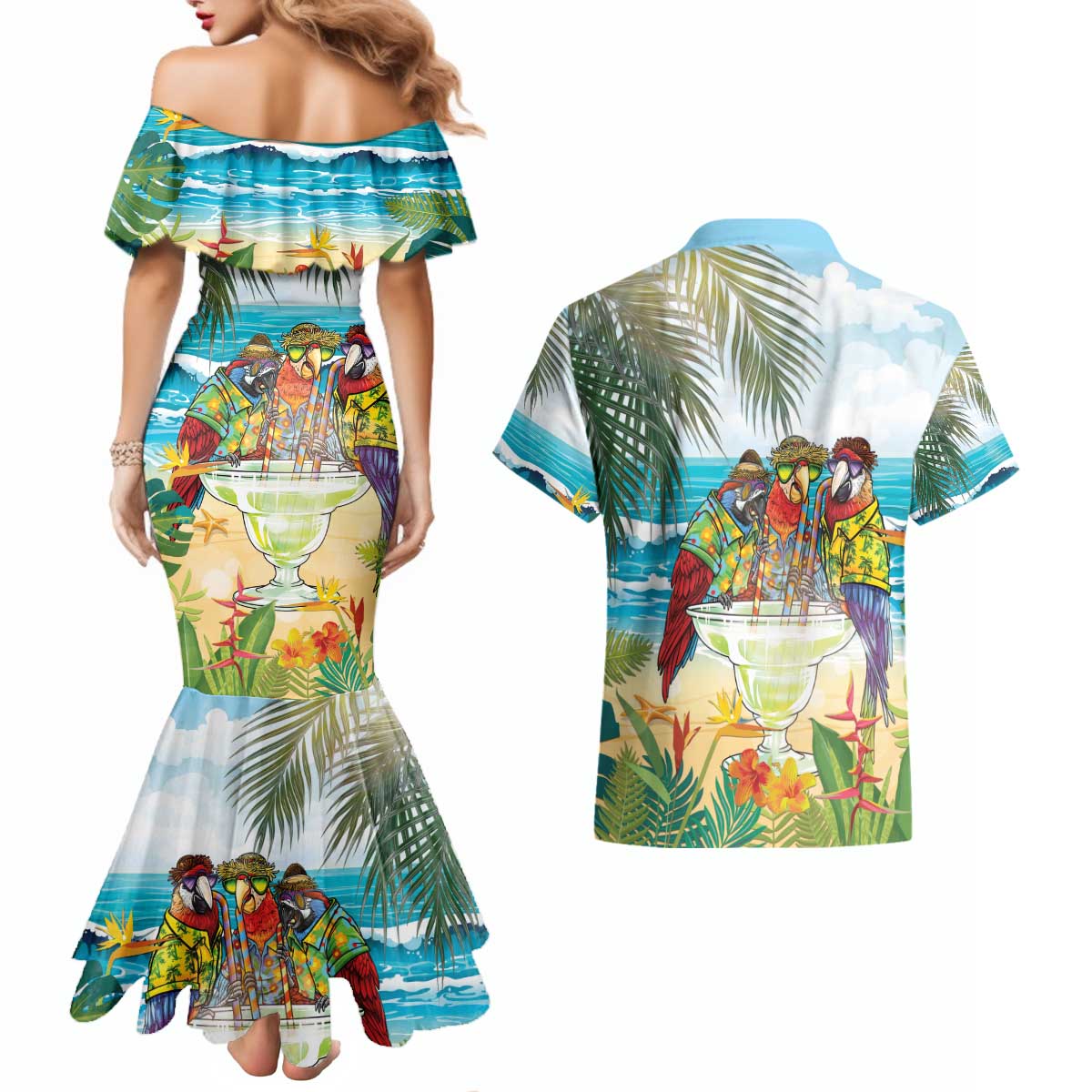 It's 5 o'clock Somewhere Couples Matching Mermaid Dress and Hawaiian Shirt Beach Party - Wonder Print Shop