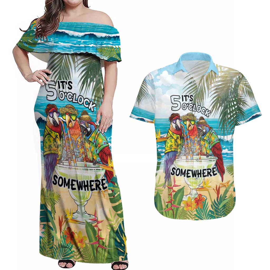 It's 5 o'clock Somewhere Couples Matching Off Shoulder Maxi Dress and Hawaiian Shirt Beach Party - Wonder Print Shop