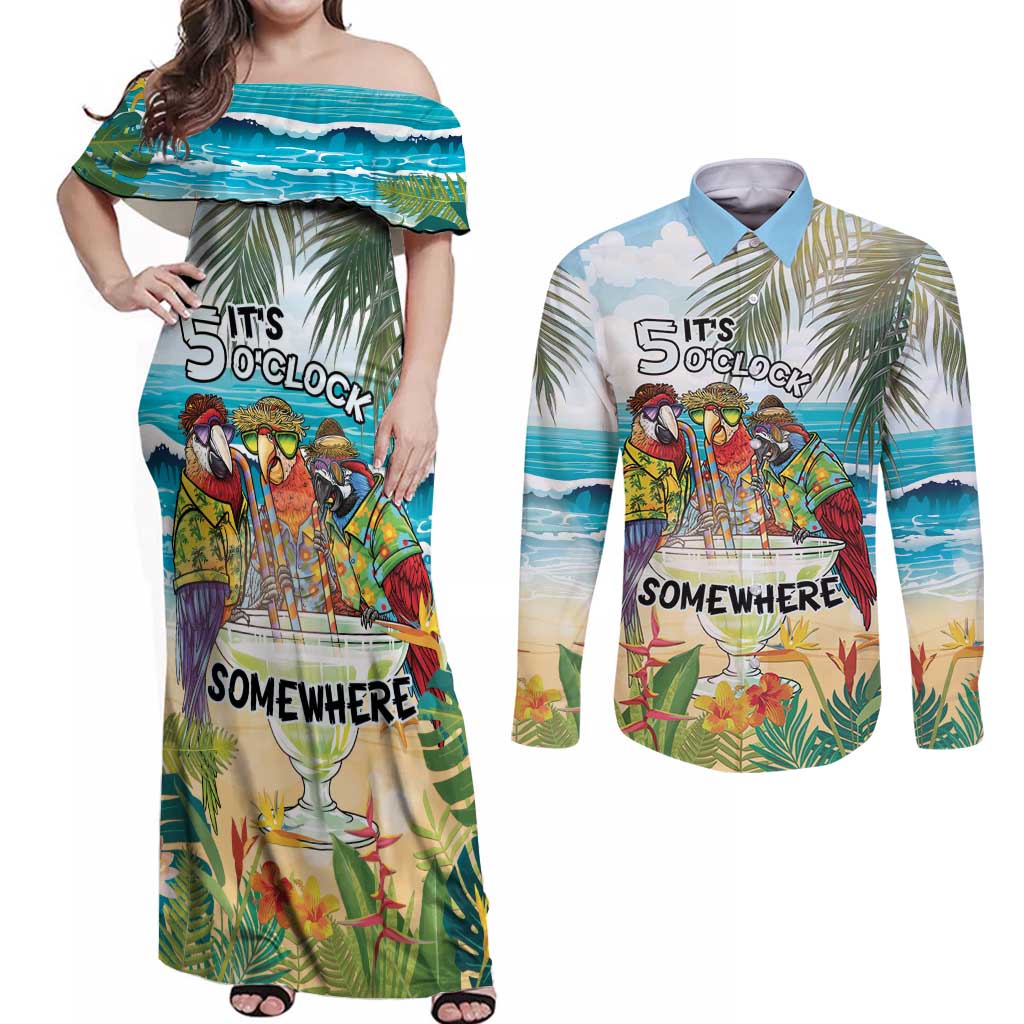 It's 5 o'clock Somewhere Couples Matching Off Shoulder Maxi Dress and Long Sleeve Button Shirt Beach Party - Wonder Print Shop