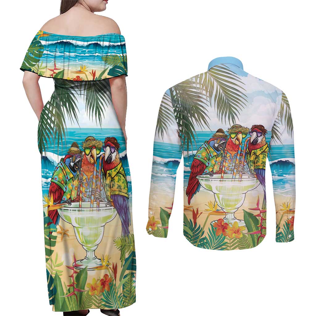 It's 5 o'clock Somewhere Couples Matching Off Shoulder Maxi Dress and Long Sleeve Button Shirt Beach Party - Wonder Print Shop