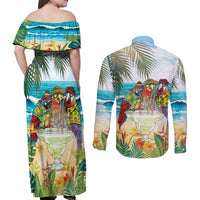 It's 5 o'clock Somewhere Couples Matching Off Shoulder Maxi Dress and Long Sleeve Button Shirt Beach Party - Wonder Print Shop