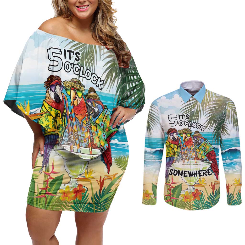 It's 5 o'clock Somewhere Couples Matching Off Shoulder Short Dress and Long Sleeve Button Shirt Beach Party - Wonder Print Shop