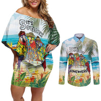 It's 5 o'clock Somewhere Couples Matching Off Shoulder Short Dress and Long Sleeve Button Shirt Beach Party - Wonder Print Shop