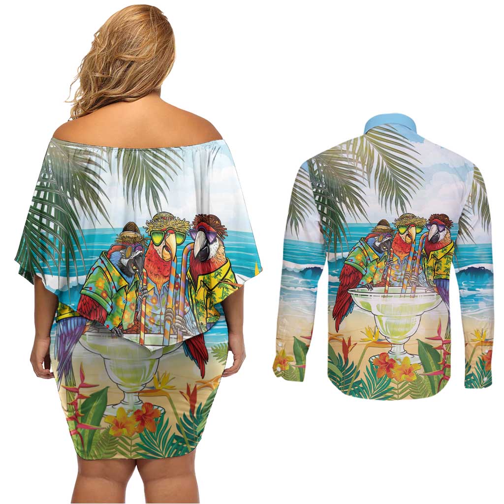 It's 5 o'clock Somewhere Couples Matching Off Shoulder Short Dress and Long Sleeve Button Shirt Beach Party - Wonder Print Shop