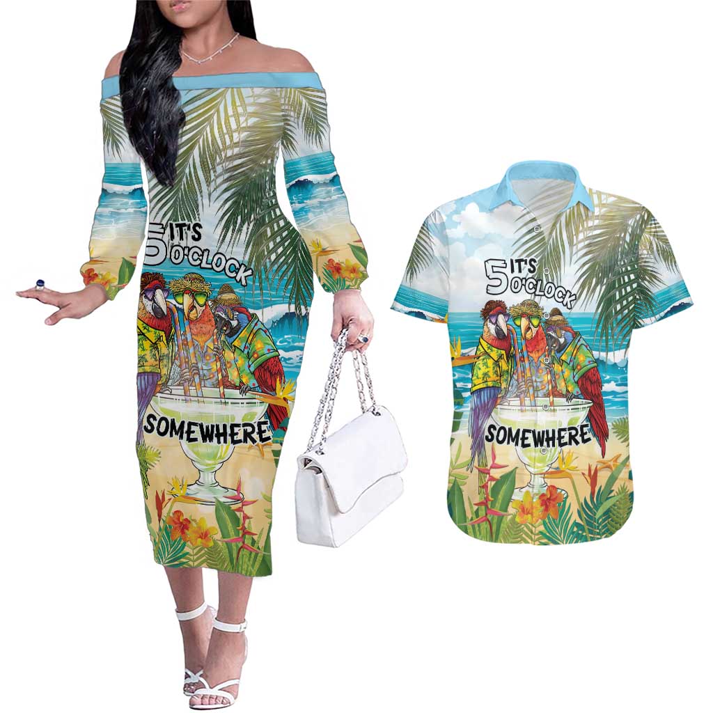 It's 5 o'clock Somewhere Couples Matching Off The Shoulder Long Sleeve Dress and Hawaiian Shirt Beach Party - Wonder Print Shop